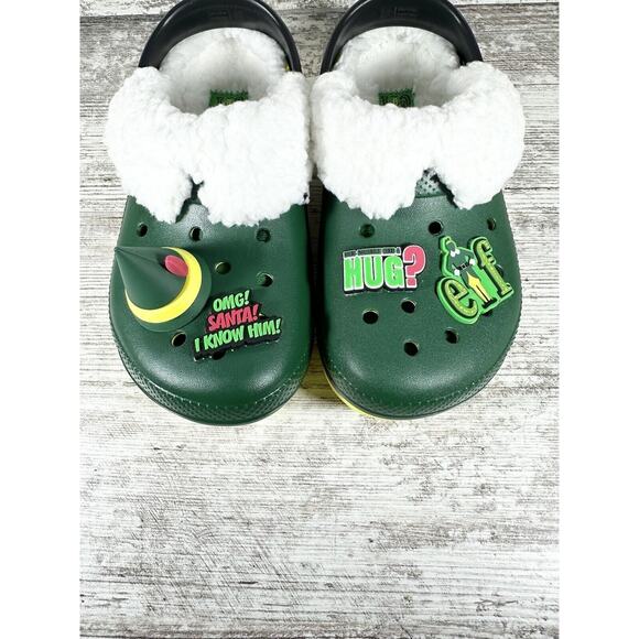 NEW Youth Buddy The Elf × Crocs Fleece Lined Green Clogs Sz 2 - Picture 8 of 9